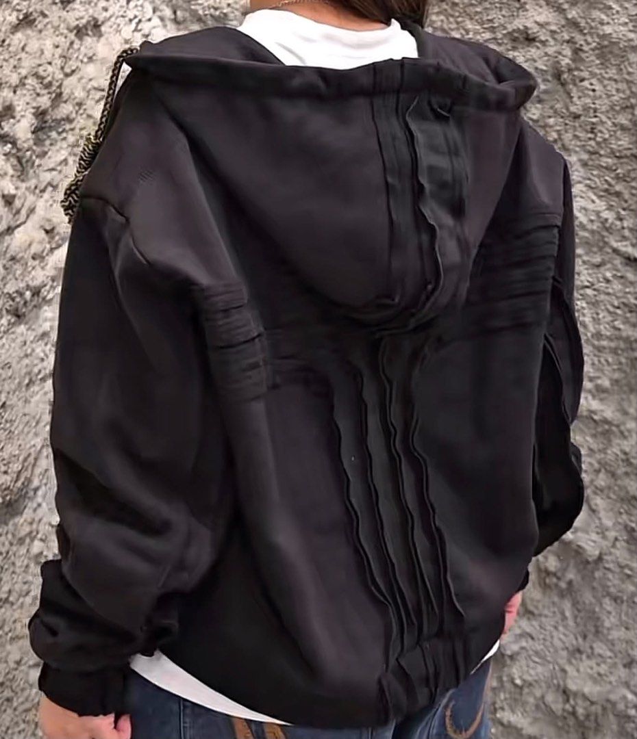 MN+LA Cross Forged Zip Hoodie (Category: Coats, Jackets and Outerwear) located in Manila. Submitted by smdvr27 (Listing ID 1448978571, Image 2). Description: - Black zip-up hoodie - Features stylish ruched detailing on the sleeves - Adjustable drawstring hood for a custom fit - Comfortable and versatile for everyday wear - Ideal layering piece for casual outfits.