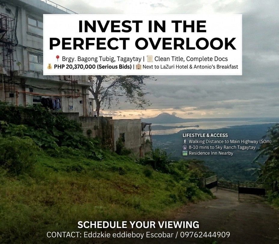 OVERLOOKING LOT IN TAGAYTAY FULL VIEW (Category: Lot) located in Manila. Submitted by escobaredd11115 (Listing ID 1449035927, Image 1). Description: Premium Property Listing Prime Overlooking Investment: Dual-Lot Property in Tagaytay’s Golden Zone Location: Adjacent to Antonio’s Bed & Breakfast, Tagaytay City Total Land Area: 582 sqm (Comprised of two adjacent titles: 299 sqm & 283 sqm) Property Overview Discover a rare opportunity to own a piece