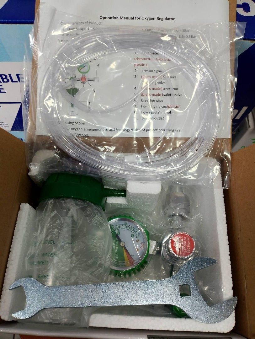 Oxygen Regulator Kit with Humidifier Bottle and Wrench (Category: Medical Supplies & Tools) located in Manila. Submitted by jeca_062001 (Listing ID 1448971463, Image 1). Description: CALL/VIB3R: 0962 15154 08 - Complete oxygen regulator kit - Includes humidifier bottle - Features a pressure gauge - Comes with tubing - Wrench for easy installation included - Operation manual provided - Everything needed for oxygen supply setup - Ideal for home use