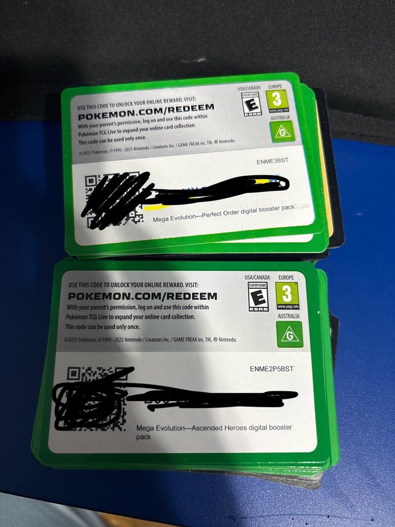 Pokemon code cards (Category: Raw Cards) located in Singapore. Submitted by organicplantscentre (Listing ID 1449042213, Image 2). Description: pokemon TCG LIVE Code cards about 4.5 cm tall stack got pitch black , perfect order , ascended heros , chaos rising , prize pack 6 and more.