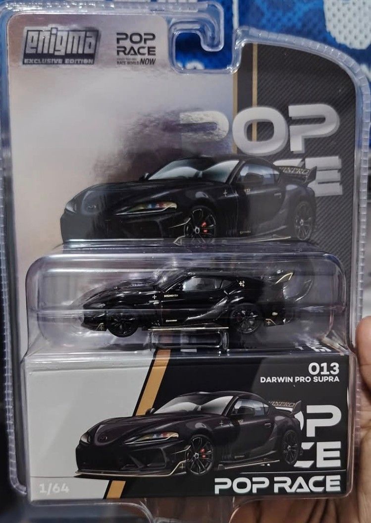 Pop Race Darwin Pro Supra Black Exclusive Edition (A90) (Category: Vehicle & Diecast Models) located in Pasig City. Submitted by teroreiro (Listing ID 1448906437, Image 1). Description: - Enigma Pop Race 1/64 Darwin Pro Supra - Exclusive Black Edition - Brand new, sealed in original packaging - 1/64 scale - Ideal for diecast collectors.