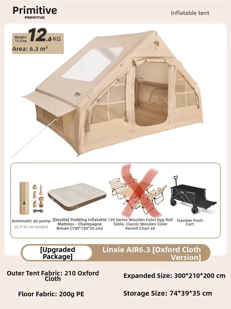 Primitive inflatable tent bundle (Category: Everything Else Others) located in Taguig. Submitted by rocketera (Listing ID 1448900195, Image 1). Description: Brand new never used- only have issues with the boxes but all good Bundle inclusions: Inflatable tent - with manual pump Inflatable bed Rechargeable pump Foldable table top - no chairs included Outdoor wagon.