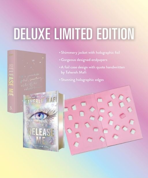 Release Me (Deluxe Limited Edition) by Tahereh Mafi (Category: Storybooks) located in Manila. Submitted by oddbooks (Listing ID 1448987038, Image 3). Description: Release Me by Tahereh Mafi ✅ Deluxe Limited Edition ✅ Hardbound ✅ Brand new 🔴 ETA 7-10 days - Full payment required Manila.