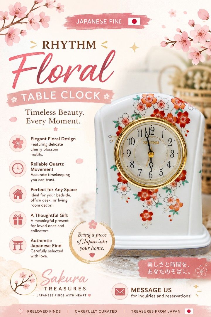 Rhythm Japanese Floral Table Clock (Category: Clocks) located in Binan City. Submitted by sakuratreasuresph (Listing ID 1449045414, Image 1). Description: 🌸 A Touch of Japanese Charm for Your Home! 🕰️ Add warmth and beauty to your space with this Rhythm Japanese Floral Table Clock. Featuring a delicate cherry blossom-inspired design, this charming timepiece blends functionality with timeless Japanese craftsmanship. ✨ Why you'll love it: 🌸 Beau