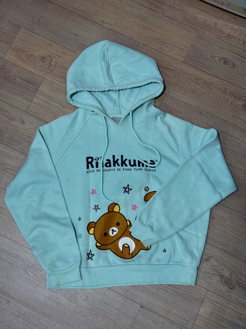 Rilakkuma Mint Green Hoodie (Category: Coats, Jackets and Outerwear) located in Manila. Submitted by sarafine_ (Listing ID 1449005139, Image 2). Description: Rilakkuma Mint Green Hoodie * Slightly used, size Medium *Cute cropped hoodie with Rilakkuma graphic print * Has minor stain flaws that are not too noticeable (please see last photos) * Soft and comfortable for casual everyday wear.