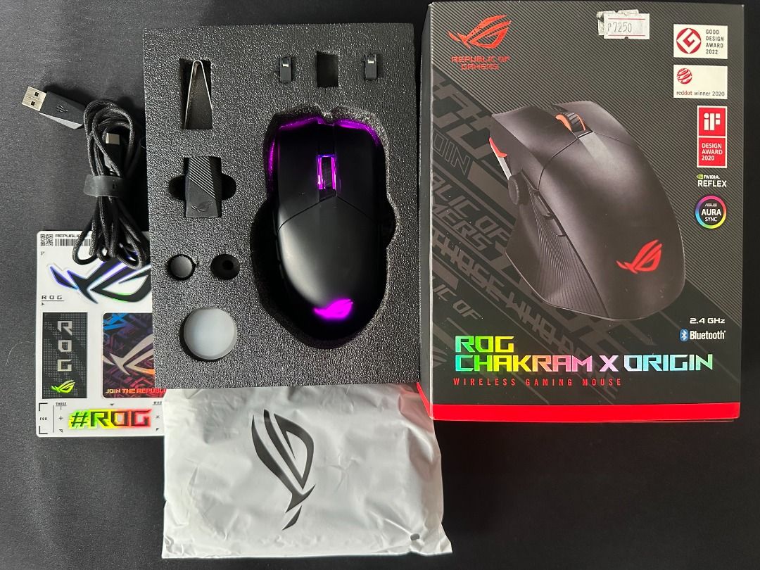 ROG Chakram X Origin Wireless Gaming Mouse (Category: Mouse & Mousepads) located in Mandaluyong City. Submitted by olrac45 (Listing ID 1449017884, Image 2). Description: For Sale: ASUS ROG Chakram X Origin Wireless Gaming Mouse Full Specs: - Triple Connectivity: 2.4GHz Wireless, Bluetooth 5.2, and USB-C Wired - ROG AimPoint Optical Sensor- up to 36,000 DPI - 8000Hz Polling Rate (Wired) for ultra-responsive gaming - 11 Programmable Buttons with de