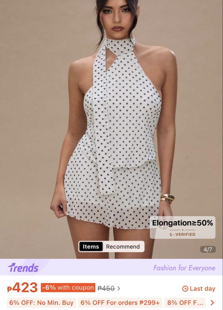 Shein Polka Dot Halter Neck Romper (Category: Rompers) located in Mandaluyong City. Submitted by danee. (Listing ID 1449102347, Image 2). Description: - Cute white romper with black polka dots - Halter neck design with a stylish cutout - Short shorts for a flirty look - Versatile: great for a night out or a summer day - Very chic and fashionable Size: medium Not yet used .