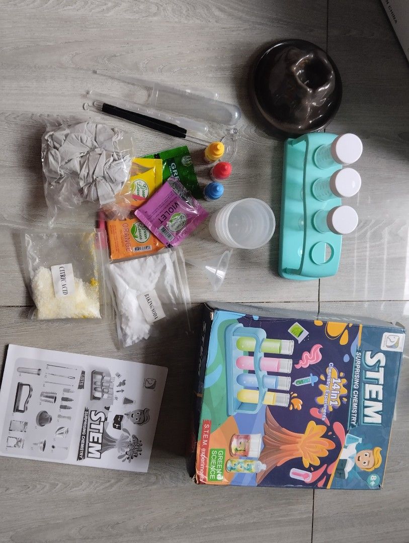 STEM Surprising Chemistry 14-in-1 Science Experiment Kit (Category: Educational & Learning Toys) located in Antipolo. Submitted by PickClickShip (Listing ID 1448991777, Image 3). Description: STEM Surprising Chemistry 14-in-1 experiment kit - Includes test tubes, beaker, dropper, volcano mold - Comes with baking soda, citric acid, and coloring agents - Fun and educational for kids - Encourages hands-on science exploration - Includes instructions 