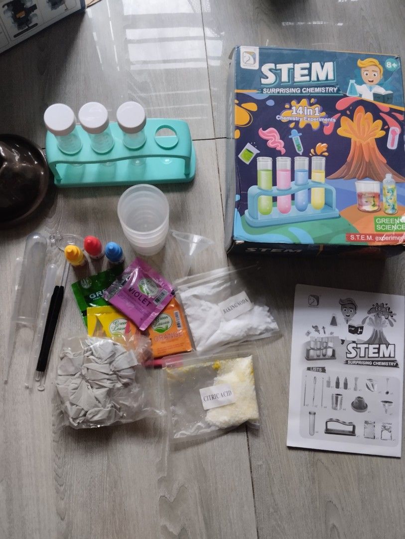 STEM Surprising Chemistry 14-in-1 Science Experiment Kit (Category: Educational & Learning Toys) located in Antipolo. Submitted by PickClickShip (Listing ID 1448991777, Image 2). Description: STEM Surprising Chemistry 14-in-1 experiment kit - Includes test tubes, beaker, dropper, volcano mold - Comes with baking soda, citric acid, and coloring agents - Fun and educational for kids - Encourages hands-on science exploration - Includes instructions 