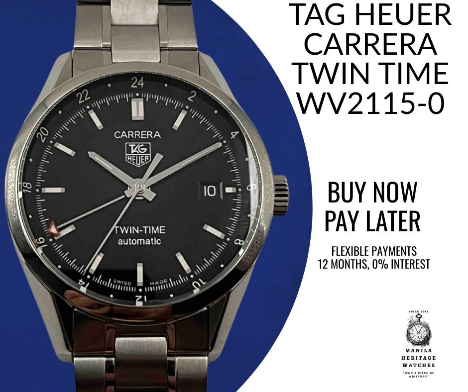 Tag Heuer Carrera Twin Time (Category: Luxury Watches) located in Makati City. Submitted by Manilaheritagewatches (Listing ID 1448924016, Image 1). Description: Precision meets timeless style. The TAG Heuer Carrera Twin-Time is crafted for those who appreciate performance, elegance, and the freedom to keep track of two time zones with ease. Featuring a sleek black dial, stainless steel case and bracelet, and the iconic Carrera design, this watch 