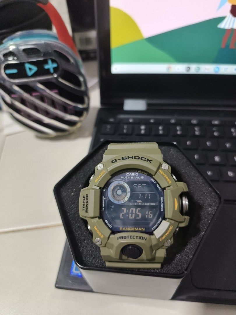 $230 (Category: Men's Watches) located in Singapore. Submitted by Qizmo (Listing ID 1448972767, Image 1). Description: - Green G-Shock Rangeman watch - Multi Band 6 Atomic Timekeeping - Triple Sensor (Altitude, Barometer, Compass) - Tough Solar Power - Water Resistant - Comes with Original Box - Ideal for Outdoor Adventures & Everyday Wear.