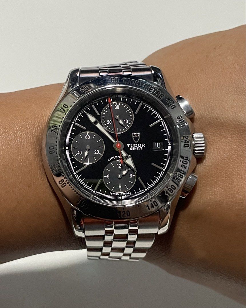 Tudor Geneve Chronograph Tachymetre (Category: Luxury Watches) located in Taguig. Submitted by j_watches007 (Listing ID 1449077005, Image 1). Description: - Tudor Geneve Chronograph Watch - Swiss Made - Black dial with silver hands and markers - Tachymetre bezel - Stainless steel bracelet - Date window at 3 o'clock - Threes subdials - 40mm “Watch Only” DISCLAIMER: IT’S OLD USED WATCHES EXPECT OF SOME SCRATCHES/SIGNS OF USAGE & PLEASE MANAGE YOUR 