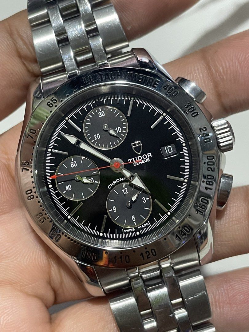Tudor Geneve Chronograph Tachymetre (Category: Luxury Watches) located in Taguig. Submitted by j_watches007 (Listing ID 1449077005, Image 3). Description: - Tudor Geneve Chronograph Watch - Swiss Made - Black dial with silver hands and markers - Tachymetre bezel - Stainless steel bracelet - Date window at 3 o'clock - Threes subdials - 40mm “Watch Only” DISCLAIMER: IT’S OLD USED WATCHES EXPECT OF SOME SCRATCHES/SIGNS OF USAGE & PLEASE MANAGE YOUR 