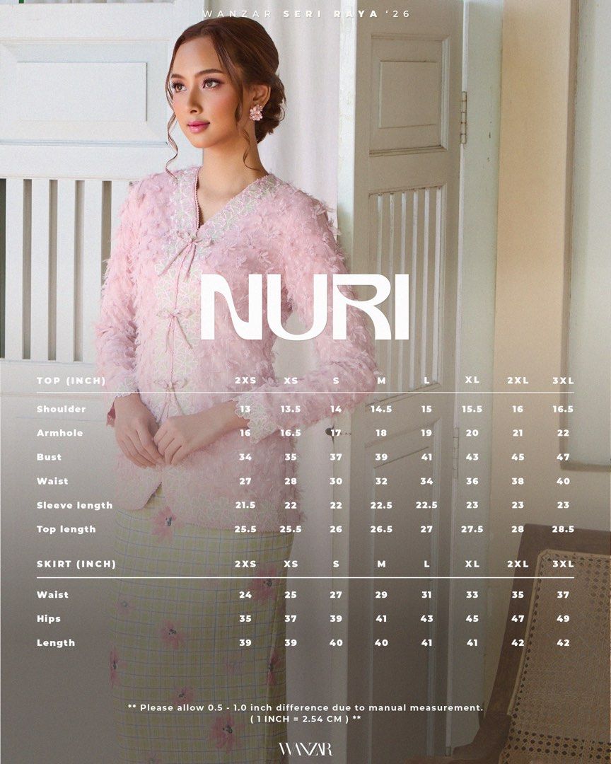 WANZAR NURI Baju Kurung Set (Category: Baju Kurung & sets) located in Bangi. Submitted by anisazlin12 (Listing ID 1448950690, Image 2). Description: - WANZAR NURI Baju Kurung set - Top: Pink textured lace with ribbon details - Skirt: Green plaid with floral embroidery - Ideal for Hari Raya and special occasions - Please refer to the size chart in the photos for measurements.