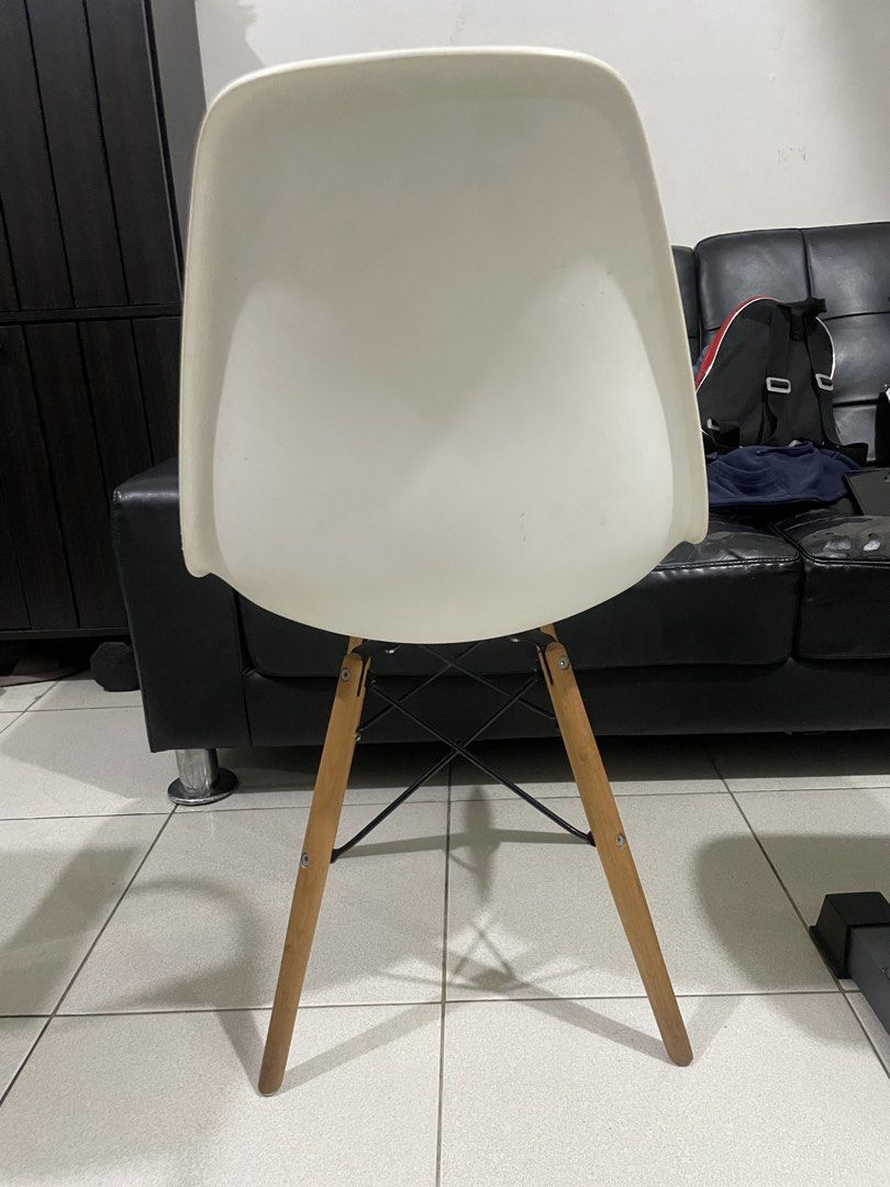 White Nordic Eames Style Barnes Doily Dining Chair (Category: Chairs) located in Quezon City. Submitted by batto_sai (Listing ID 1449052497, Image 3). Description: Only issue is the dark parts at the bottom Bought at Furniture Source Original price ₱1990 (screenshot indicates sale price) See pics for dimensions Only 1 piece available Last price posted.