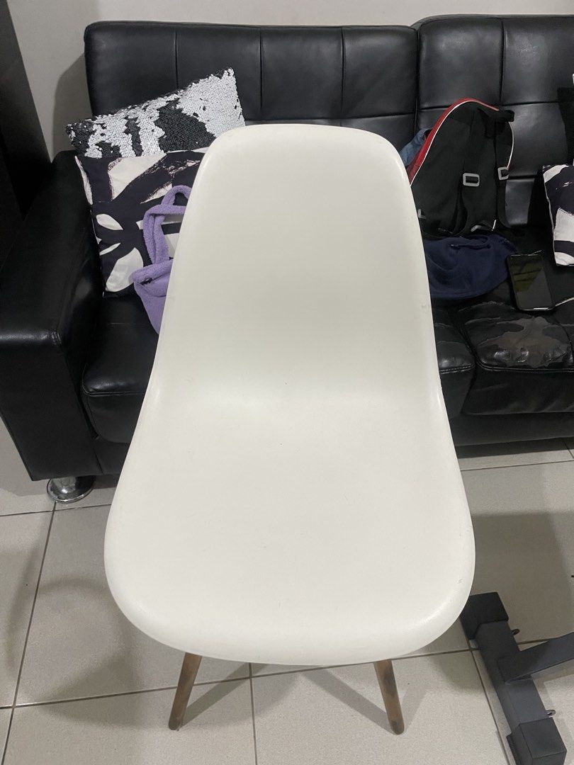 White Nordic Eames Style Barnes Doily Dining Chair (Category: Chairs) located in Quezon City. Submitted by batto_sai (Listing ID 1449052497, Image 2). Description: Only issue is the dark parts at the bottom Bought at Furniture Source Original price ₱1990 (screenshot indicates sale price) See pics for dimensions Only 1 piece available Last price posted.