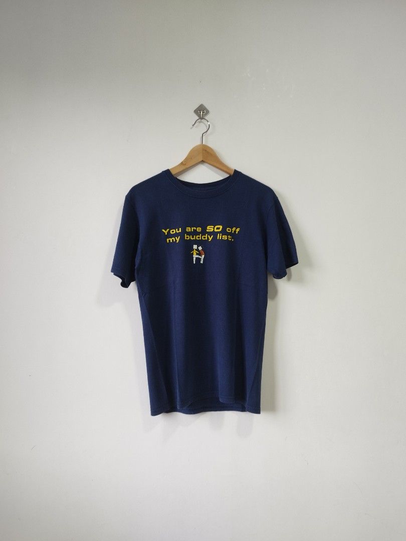 Y2k Statement Tee "You are SO off my buddy list." (Category: Tshirts & Polo Shirts ) located in Davao. Submitted by archivethrpy (Listing ID 1448993870, Image 1). Description: Y2k Statement Tee "You are SO off my buddy list." Dimes: 18.5 x 27 Tag: J!NX Issue: minor scratch on armpit, hairlines on print and needs wash Dm for more details 📥.