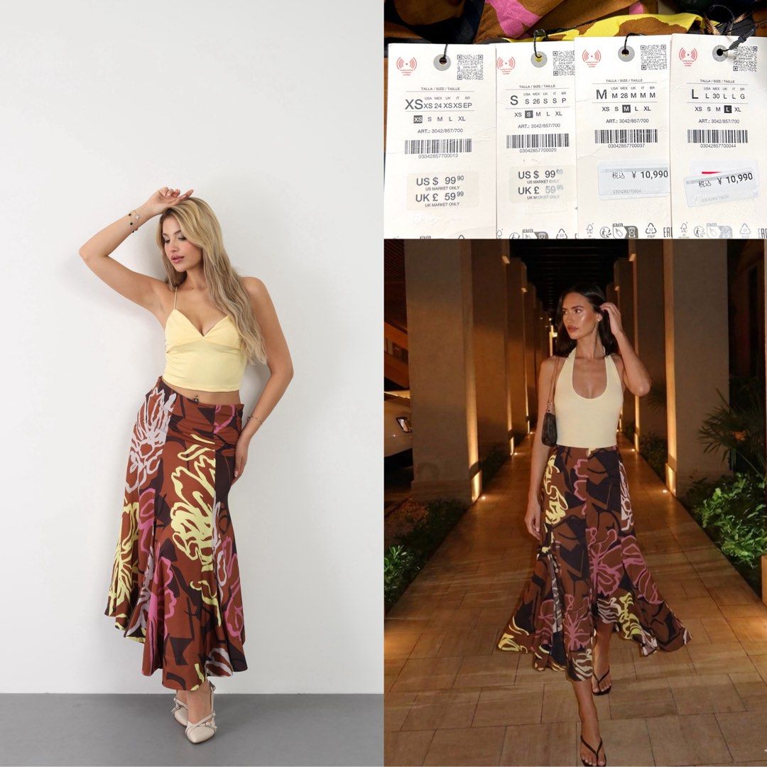 Zara Printed Asymmetric Skirt (Category: Skirts) located in Zaragoza. Submitted by zaraitemsbycnd (Listing ID 1437389768, Image 1). Description: brandnew with tag🏷️ high quality fabric, makapal tela so classy when worn! 🤎 Mid-rise cotton midi skirt with contrast print. Asymmetrical flared hem. Concealed zip closure. Size: XS, SMALL, MED AND LARGE Length: 37”.