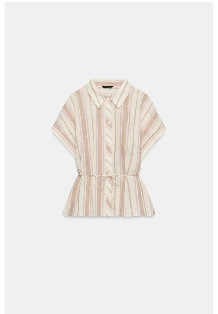 Zara Striped Peplum Shirt (Category: Shirts) located in Caloocan City. Submitted by kmlghr (Listing ID 1449035741, Image 1). Description: Chic Zara striped shirt in beige and pink with subtle gold thread detail. BRAND NEW w/ tag Size XS Orig Price: 2395.