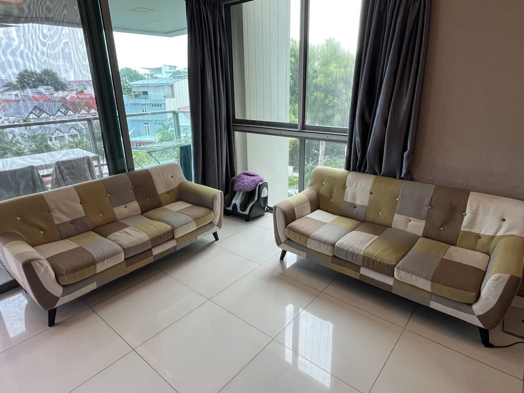 2 Patchwork Sofas (Category: Sofas) located in Singapore. Submitted by ananya321 (Listing ID 1449188578, Image 3). Description: Selling 2 3-seater sofas. Unique patchwork design with neutral tones. Fits well in living spaces. Comfortable seating. Great addition to your home :) Can buy separately or together!.