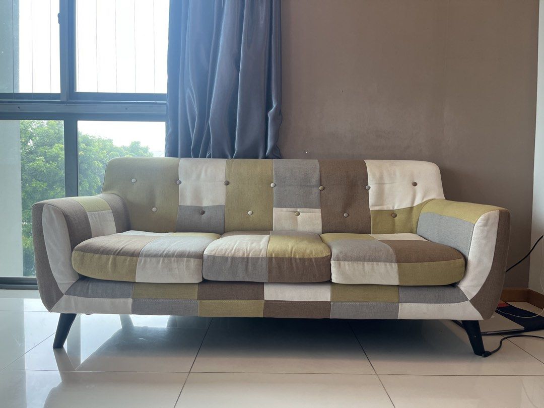 2 Patchwork Sofas (Category: Sofas) located in Singapore. Submitted by ananya321 (Listing ID 1449188578, Image 2). Description: Selling 2 3-seater sofas. Unique patchwork design with neutral tones. Fits well in living spaces. Comfortable seating. Great addition to your home :) Can buy separately or together!.