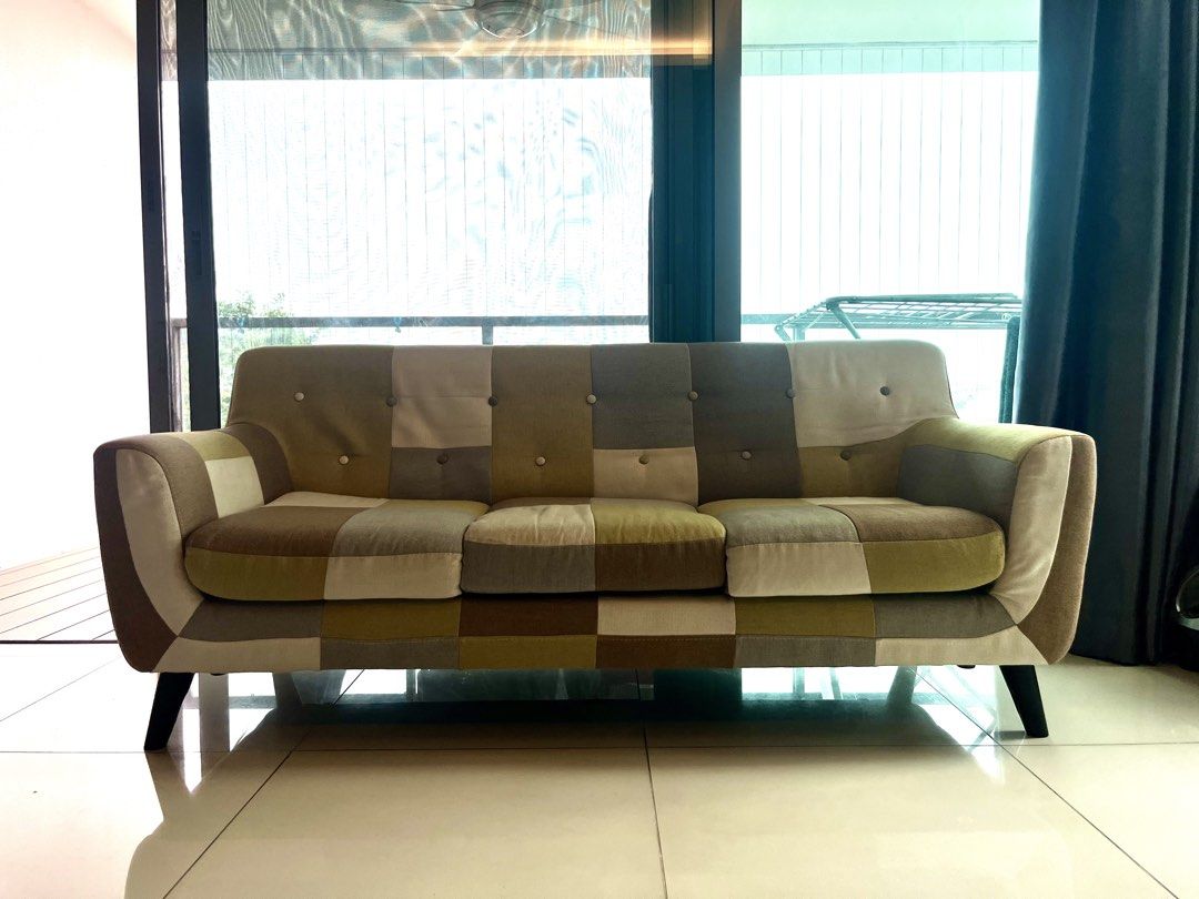 2 Patchwork Sofas (Category: Sofas) located in Singapore. Submitted by ananya321 (Listing ID 1449188578, Image 1). Description: Selling 2 3-seater sofas. Unique patchwork design with neutral tones. Fits well in living spaces. Comfortable seating. Great addition to your home :) Can buy separately or together!.