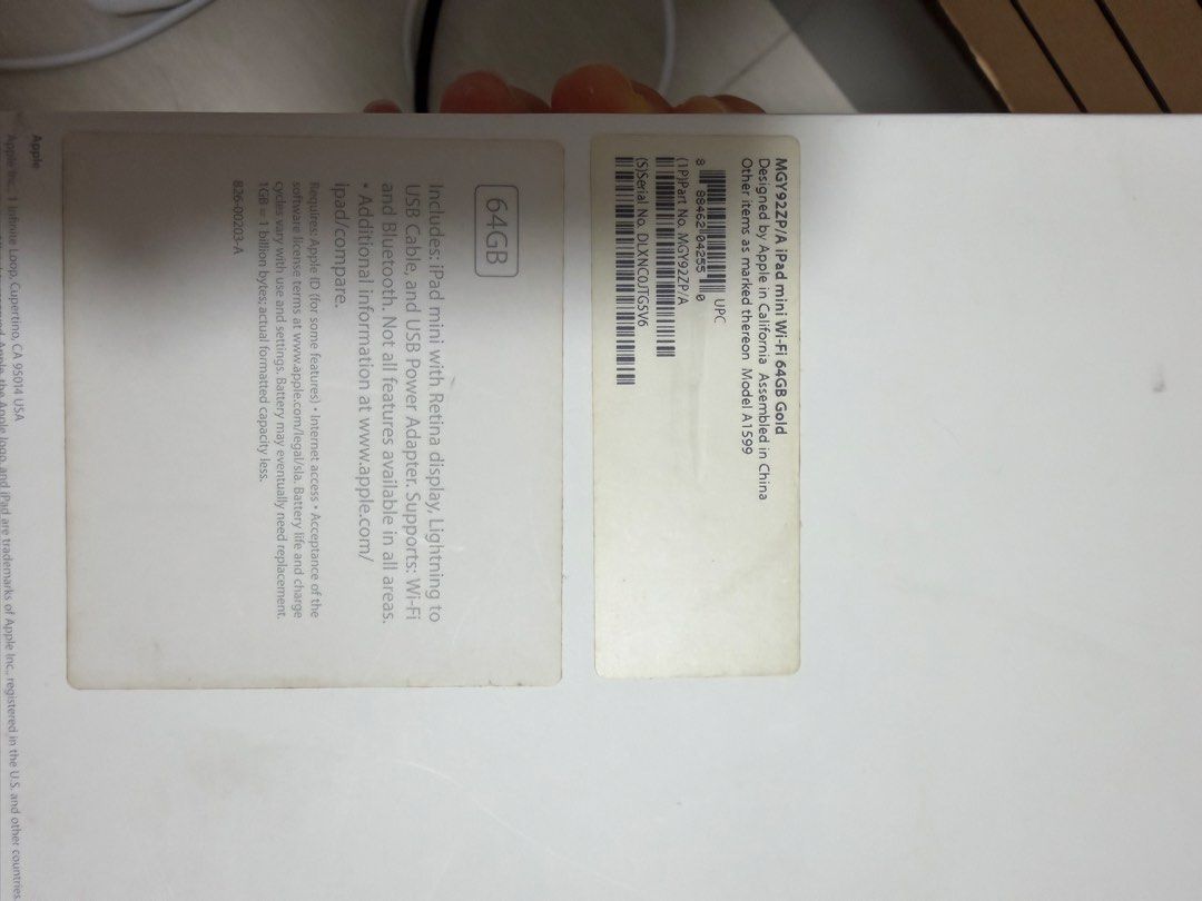 (Category: iPad) located in Singapore. Submitted by rinchanow (Listing ID 1449292935, Image 3). Description: - iPad mini 3rd Gen - Color: Gold - Storage: 64GB - Includes: Original box, charger, and plug - Condition: Small dent on all corners, see photos, no screen marks - Functionality: Works perfectly fine sell it as I have bought it from other seller to play mahjong soul, but it can’t be opened on it, planning to get a new ones. Selling at orig
