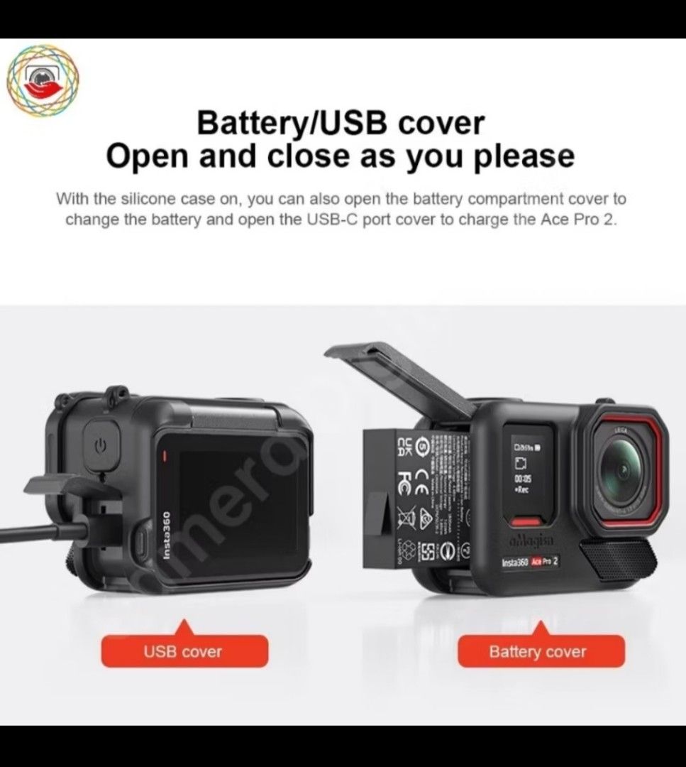 Ammagism Protective Case for Insta360 Ace Pro 2 (Category: Camera Bags & Carriers) located in Quezon City. Submitted by maidenveil613 (Listing ID 1449118997, Image 3). Description: - Protective silicone case and lanyard set for Insta360 Ace Pro 2. - Specifically designed for the Ace Pro 2 model. - Easy access to USB and battery compartments. - Compatible with quick release adapters. - Allows smooth opening and closing of the camera screen. Price 