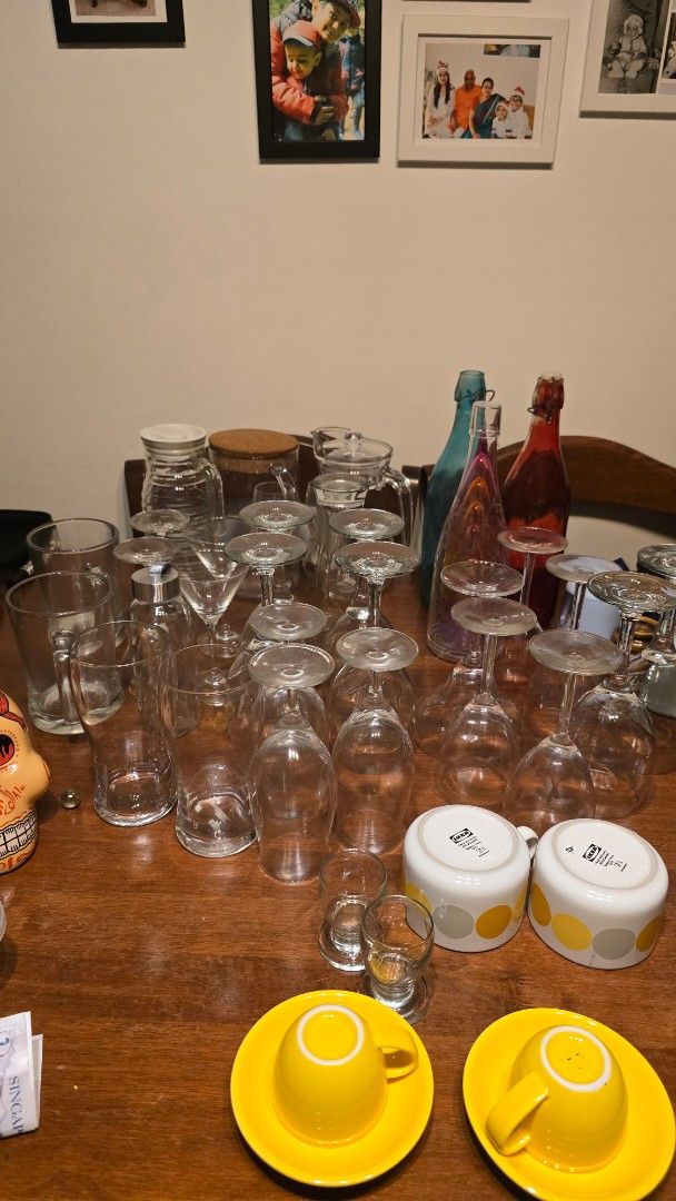 Assorted Glassware, Wine Glasses, Cups, and Saucers