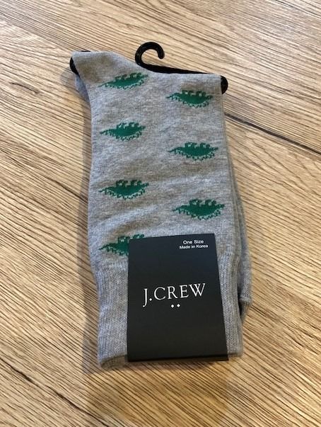 Authentic J. Crew Dino Men's Socks One Size (Category: Socks) located in Paranaque City. Submitted by vanitelab (Listing ID 1449145141, Image 1). Description: Authentic and Brand-new J. CREW MEN'S SOCKS Style C3423 Product Description: Crew Height Sock Size: One-size Length of socks: 7.5 inches from toe to heel, 9 inches from heel to leg Color: Gray with Green dinosaurs Material: 59% Cotton, 38% Polyester, 3% Elastane Made in Korea. Item bought i