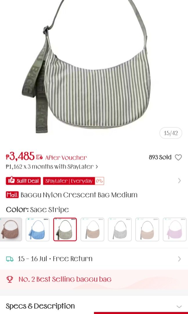 Baggu Medium Crescent Bag Sage Stripe (Category: Luxury Bags & Wallets) located in Baguio. Submitted by catdeclutters (Listing ID 1449141315, Image 3). Description: From Certified Calm Last price, free sf BNWT Actual pic included.