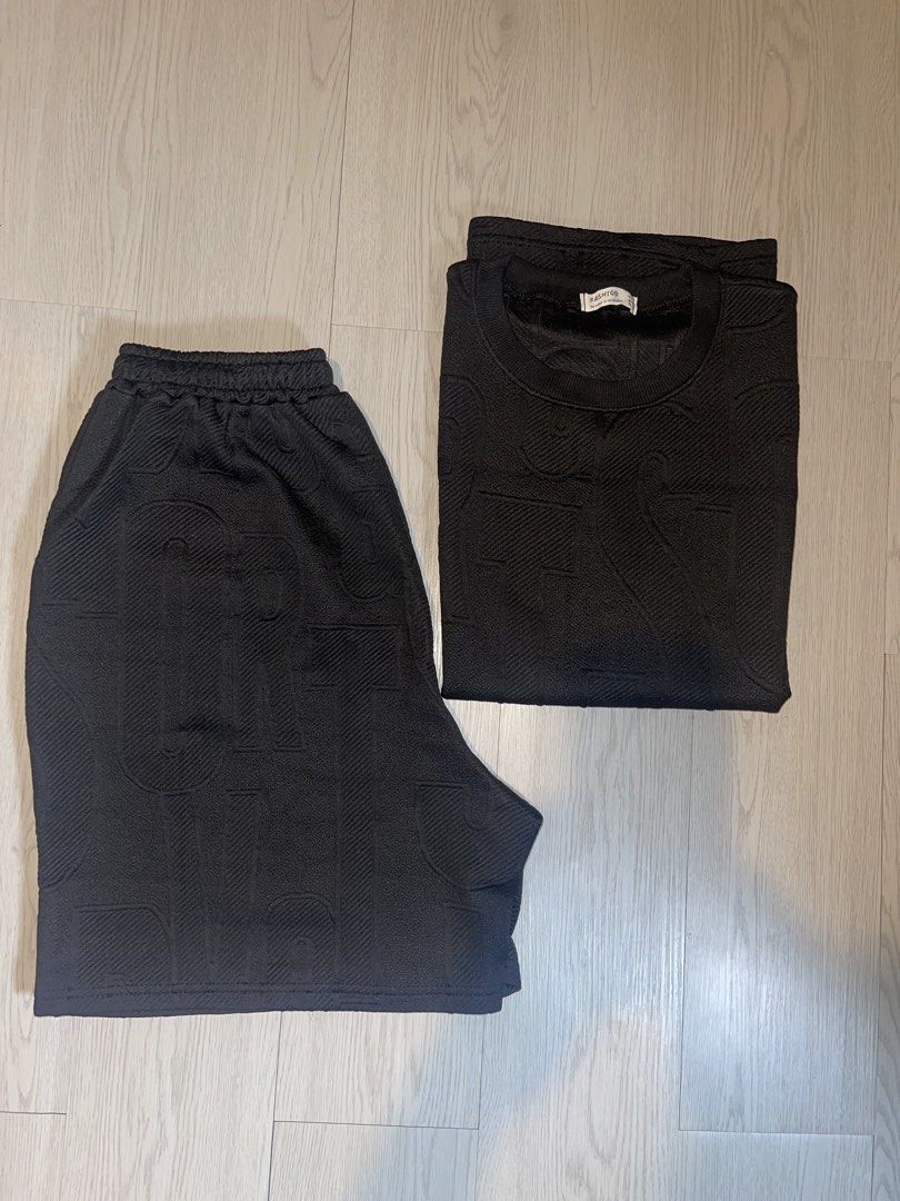 Black Textured Knit Matching Set - Size Large (Category: Sets & Coordinates) located in San Juan City. Submitted by shop.wels (Listing ID 1449256377, Image 1). Description: - Black matching set - Textured knit fabric with all-over embossed pattern - Sleeveless top (relaxed fit, best for medium to large) - Shorts with elastic waistband - Ideal for a monochrome streetwear look - Pair with sneakers or slides.