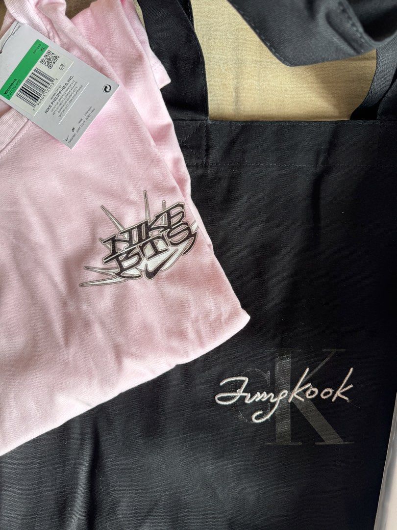 BTS Jungkook Calvin Klein bag (Category: Tote Bags) located in Manila. Submitted by shoppers780 (Listing ID 1449152704, Image 2). Description: Authentic CKJK Tote Bag 2 Jungkook CalvinKlein posters 1 Nike BTS womens shirt (size xl) All brand new Sold as set.
