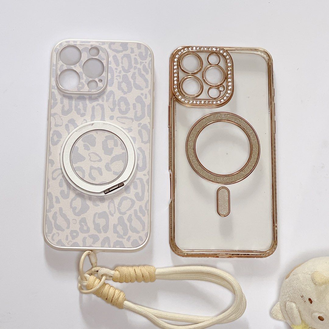 Bundle of 2 Iphone 16 pro max case (Category: Cases & Sleeves) located in Las Pinas. Submitted by Kungjunim_Preloves (Listing ID 1449206741, Image 1). Description: Super pretty in person! Includes: 🔹 light leopard pattern and a MagSafe grip ring on the back. It includes a detachable wrist lanyard 🔹Clear rose gold glitter case with rhinestone camera frame 👍Both in excellent condition..