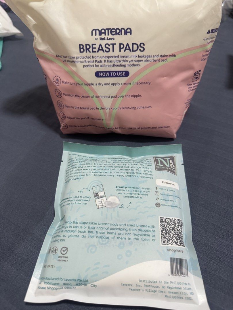 BUNDLE Materna Breast Pads & Nathan & Emma Nursing Kit (Category: Maternity Care) located in Quezon City. Submitted by mikarchives (Listing ID 1449224408, Image 2). Description: - Pack of Materna Breast Pads (opened, 42 pcs) - Nathan & Emma Nursing Kit Sampler Set, includes 2 pairs disposable breast pads, 2 breast milk storage bags. Good for travel! - All items are sealed and ready for use.