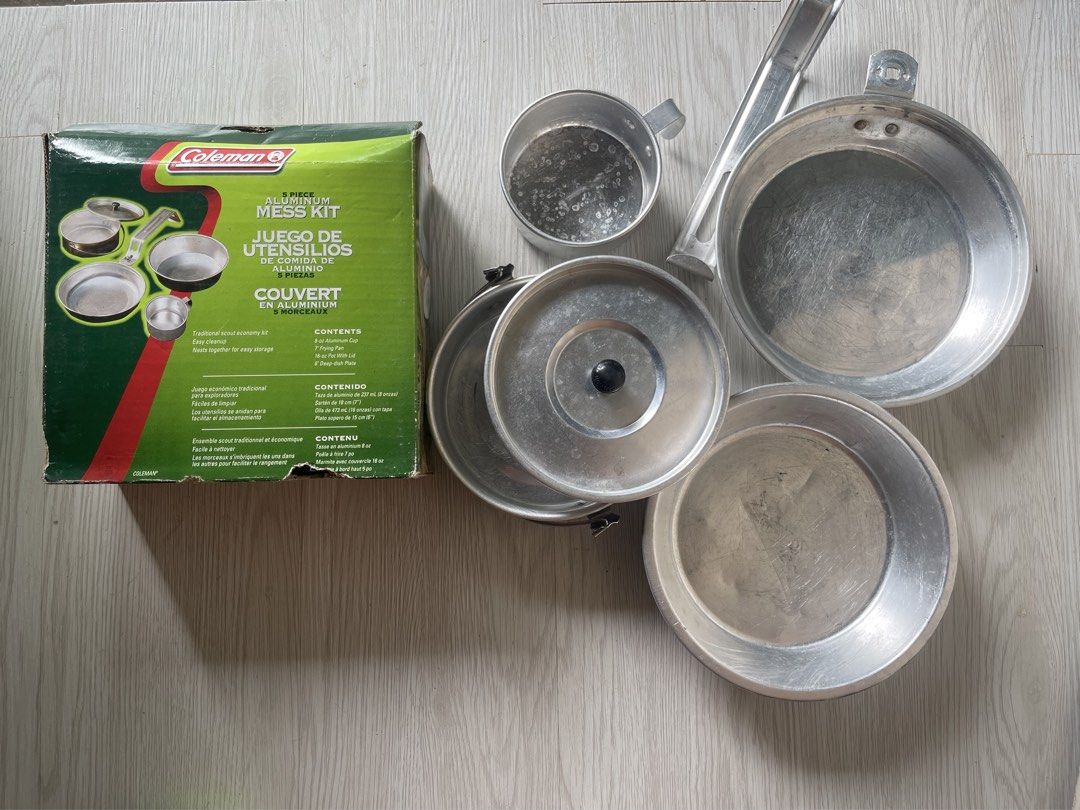 Coleman 5 Piece Aluminum Mess Kit (Category: Hiking & Camping) located in Bayambang. Submitted by foursiblings081228 (Listing ID 1449123218, Image 1). Description: - Coleman 5-piece aluminum mess kit - Ideal for camping and outdoor adventures - Set includes: 8-oz cup, 7" frying pan, 16-oz pot with lid, 6" deep-dish plate - Nests together for compact and easy storage - Simple to clean This is a preloved item so please manage your expectations.than