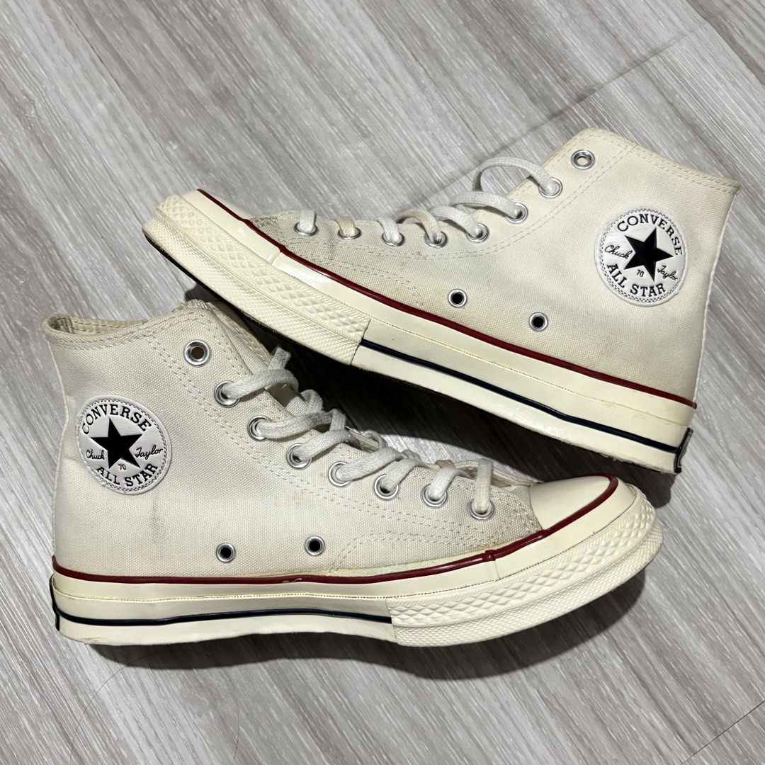 Converse Chuck Taylor 70s High Parchment (9 Womens) (Category: Sneakers) located in Muntinlupa City. Submitted by declutterbuster (Listing ID 1449299583, Image 2). Description: No box Authentic Flaws: nakabuka lang yung sa gilid but okay pa naman siya Size 9 Womens Payment first thru gcash or bank J&t or Lalamove.