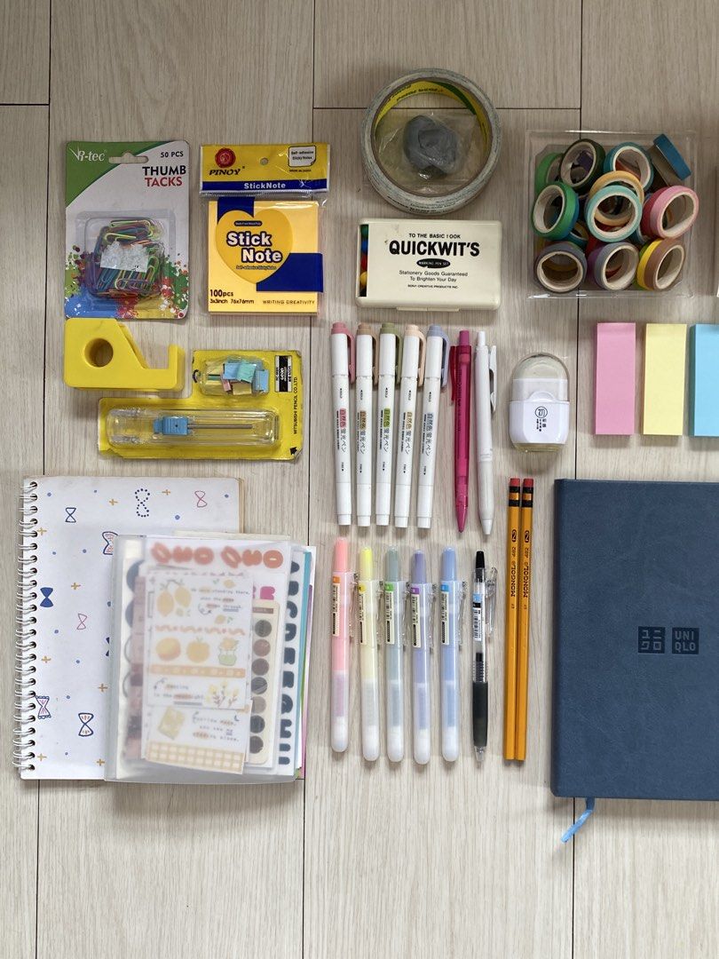 TAKE ALL Bundle! Pens, Highlighters, Planner, Stickers & More (Category: Stationery & School Supplies) located in Davao. Submitted by editd (Listing ID 1449195943, Image 2). Description: SELLING THEM AS BUNDLE ONLY! inclusions: brand new// - uniqlo undated monthly & weekly planner - 2 mongol pencils - 160+ anime stickers (jujutsu kaisen, hero academia, overlord, aot, demon slayer & 7 deadly sins) - sticky notes - correction tape - pencil case lik