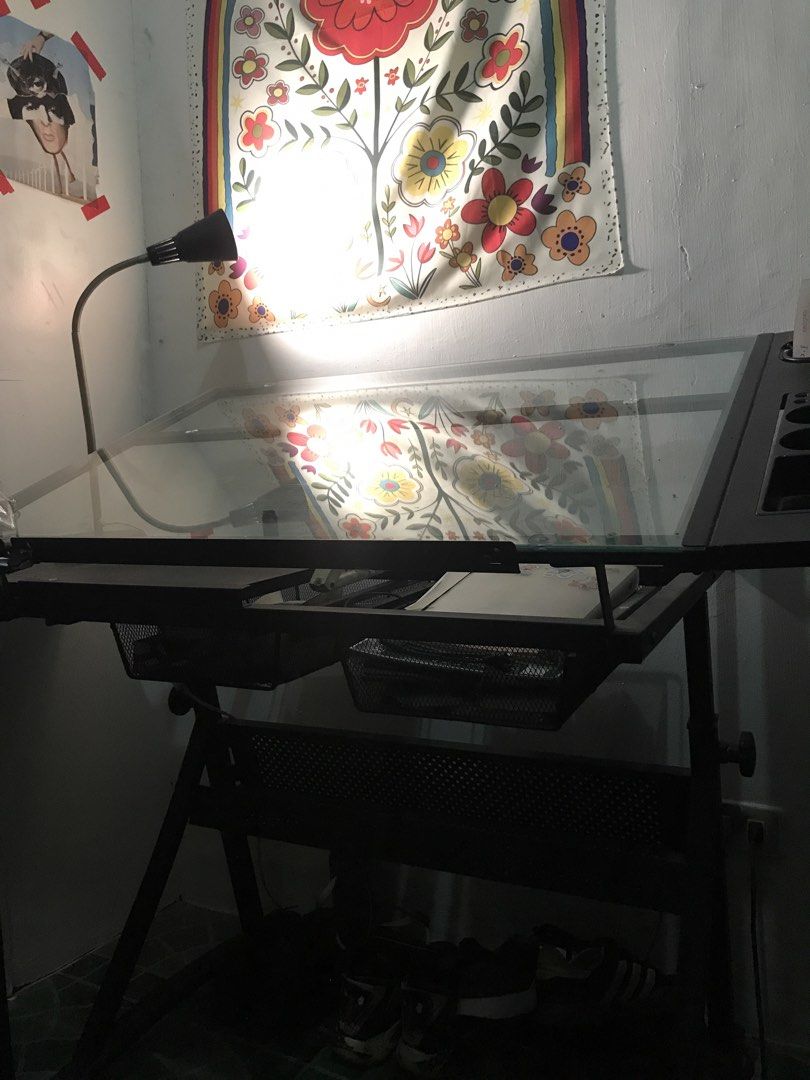 Drafting Table Glass Architecture (Category: Tables & Sets) located in Manila. Submitted by co0kiesxq (Listing ID 1449311155, Image 3). Description: Selling my drafting table! It is still good as new just need more cleaning for dirts and dust. Everything from the original package is still there aside from chair. Price are negotiable :) Dm for more deets 🤓.