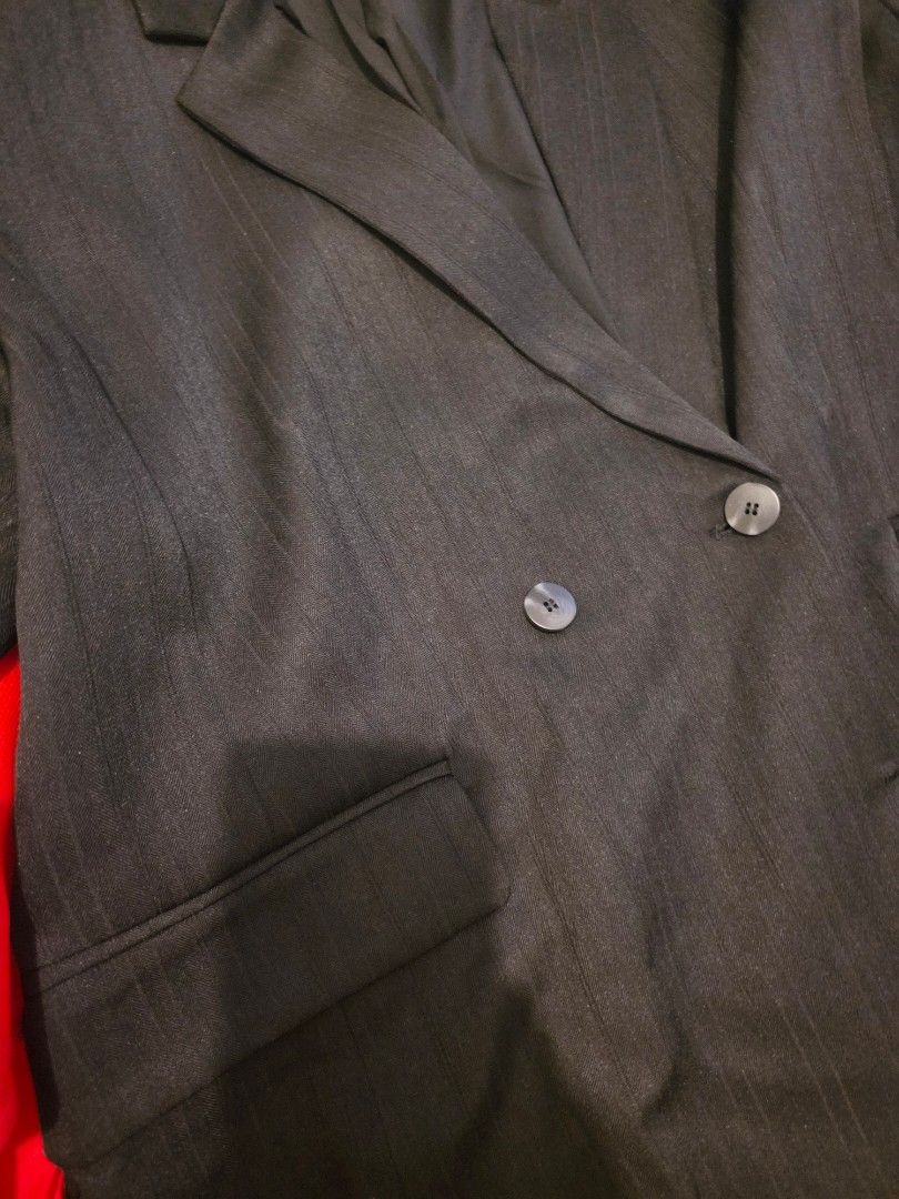 ESSENZA Plus Size Double Breasted Pinstripe Blazer (Category: Coats, Jackets and Outerwear) located in Quezon City. Submitted by frncsbai (Listing ID 1449180162, Image 3). Description: - Classic dark grey blazer with subtle pinstripes - Brand: ESSENZA - Double-breasted front with two buttons - Two front pockets - Versatile for smart casual or formal wear Never been used. SRP is at 3799php, can let go for 3500php Comes with pair slacks, add 1200ph