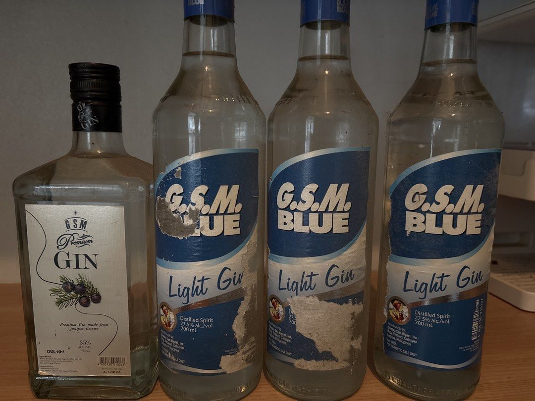 GSM Blue Light Gin and GSM Premium Gin Empty Bottles (Category: Beverages) located in Quezon City. Submitted by lavl00 (Listing ID 1449147966, Image 1). Description: - Set of GSM Blue Gin bottles (700ml, 27.5% alc/vol) and GSM Premium .