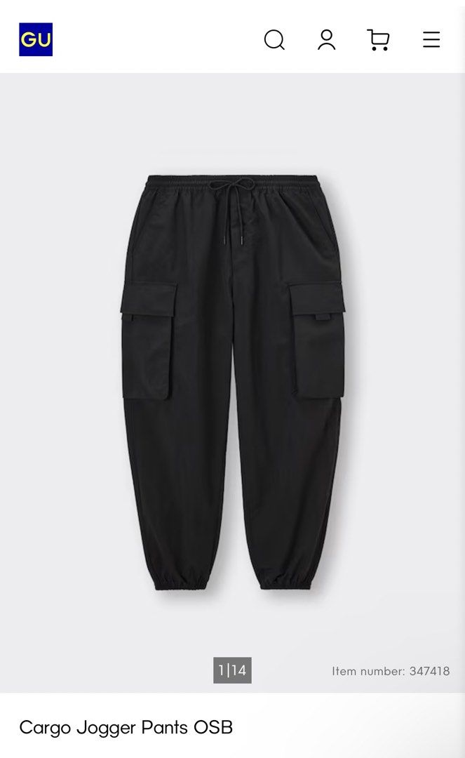 GU Cargo Jogger Pants (Category: Joggers) located in Manila. Submitted by themythfs (Listing ID 1449219734, Image 2). Description: XL on tag Length - 39.5 Waist - 36 Issue: Small hole at lower part of right leg (see last pic).