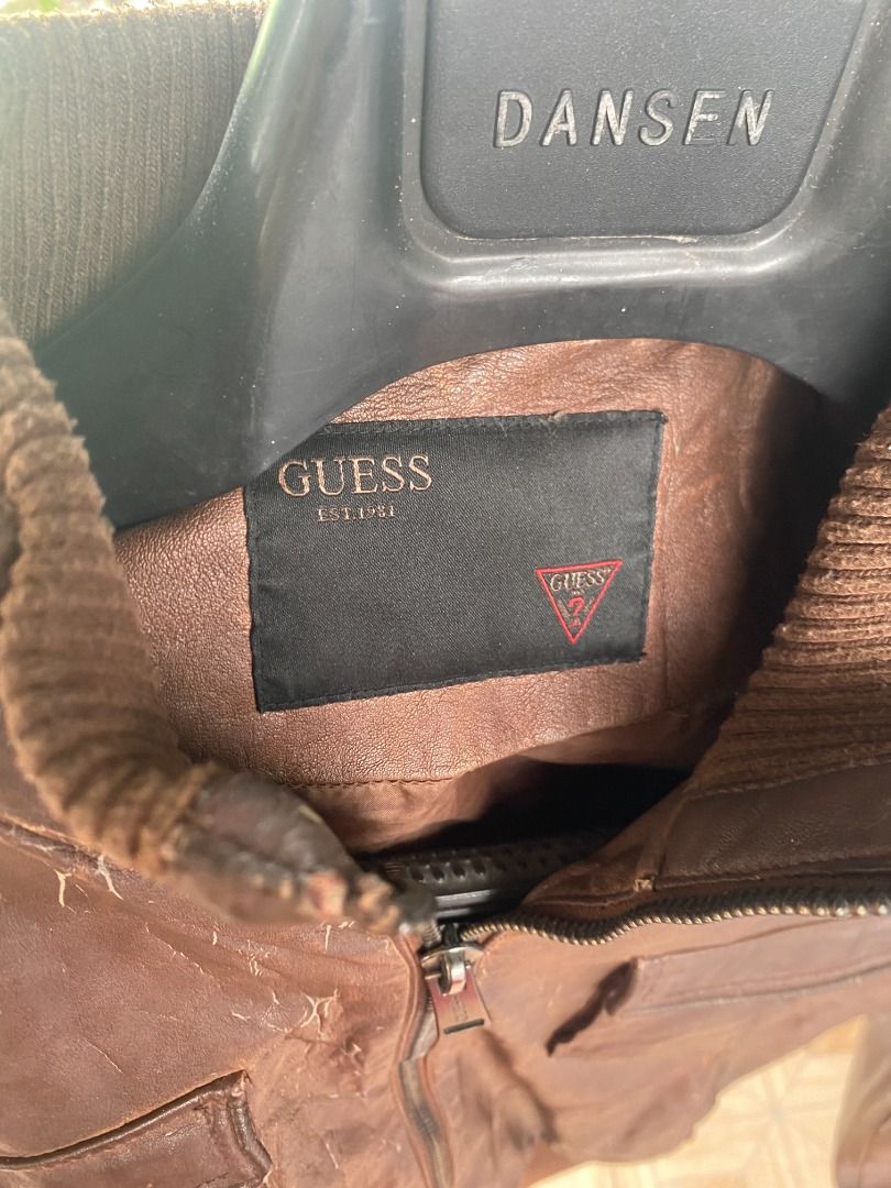 Guess Brown Leather Bomber Jacket (Category: Coats, Jackets and Outerwear) located in Quezon City. Submitted by mraynege84251 (Listing ID 1449158051, Image 3). Description: RFS: Decluttering Notes: - Negotiable for sure buyer. Issues: - Wear and tear, may mga sugat na yung jacket..