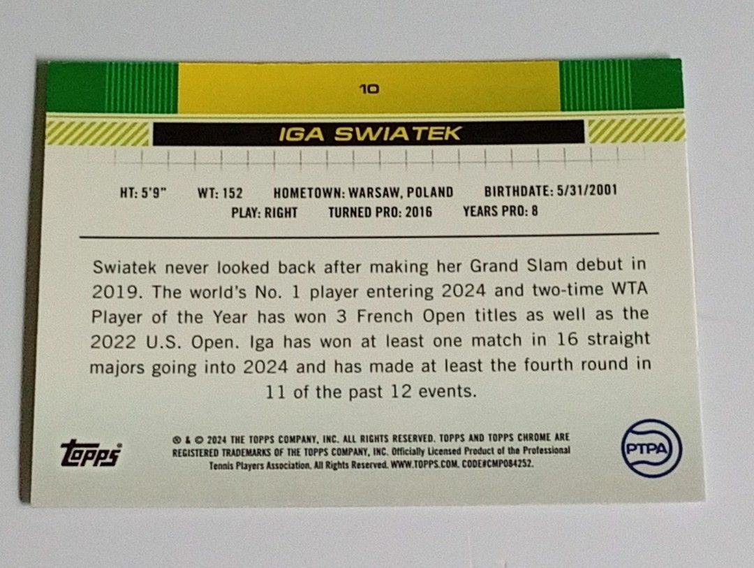 Iga Swiatek 2024 Topps Chrome Card (Category: Raw Singles) located in Lipa City. Submitted by mark_collections (Listing ID 1449142389, Image 2). Description: Iga Swiatek 2024 Topps Chrome Card Mode of Payment: Gcash.