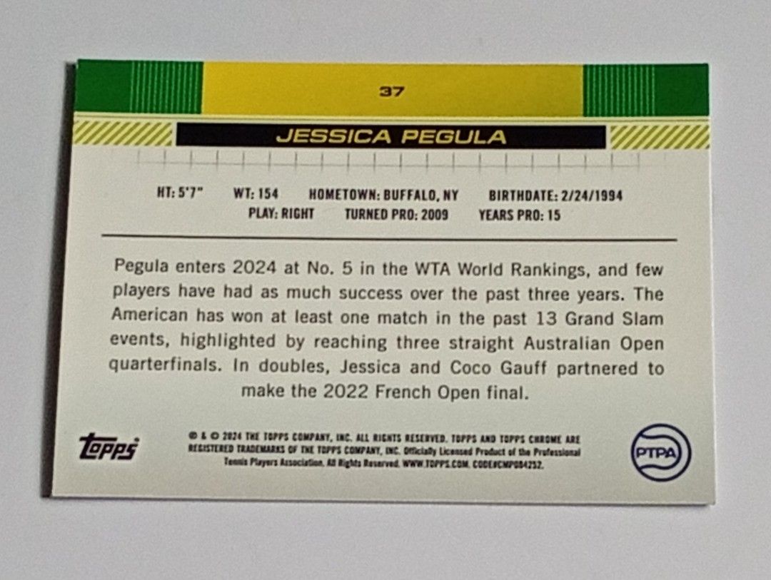 Jessica Pegula 2024 Topps Chrome Card (Category: Raw Singles) located in Lipa City. Submitted by mark_collections (Listing ID 1449154971, Image 2). Description: Jessica Pegula 2024 Topps Chrome Card Mode of Payment: Gcash.
