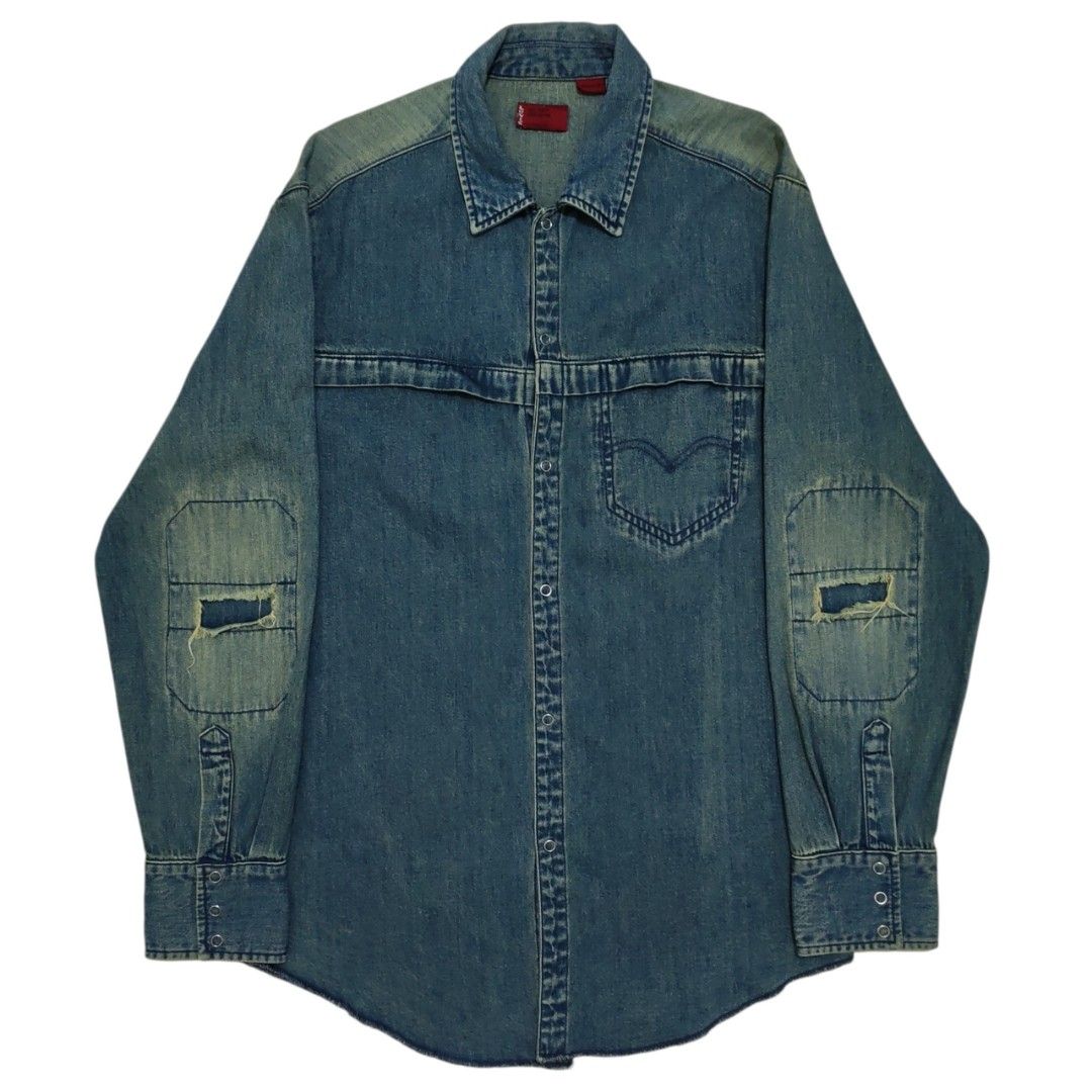 Levi's Engineer Patchwork Elbow Denim Shirt (Category: Tshirts & Polo Shirts ) located in Dinalupihan. Submitted by brokencasket (Listing ID 1449231709, Image 1). Description: Levi's Engineer Patchwork Elbow Denim Shirt Size M on tag. Measurements on photo. Color may vary due to lighting..