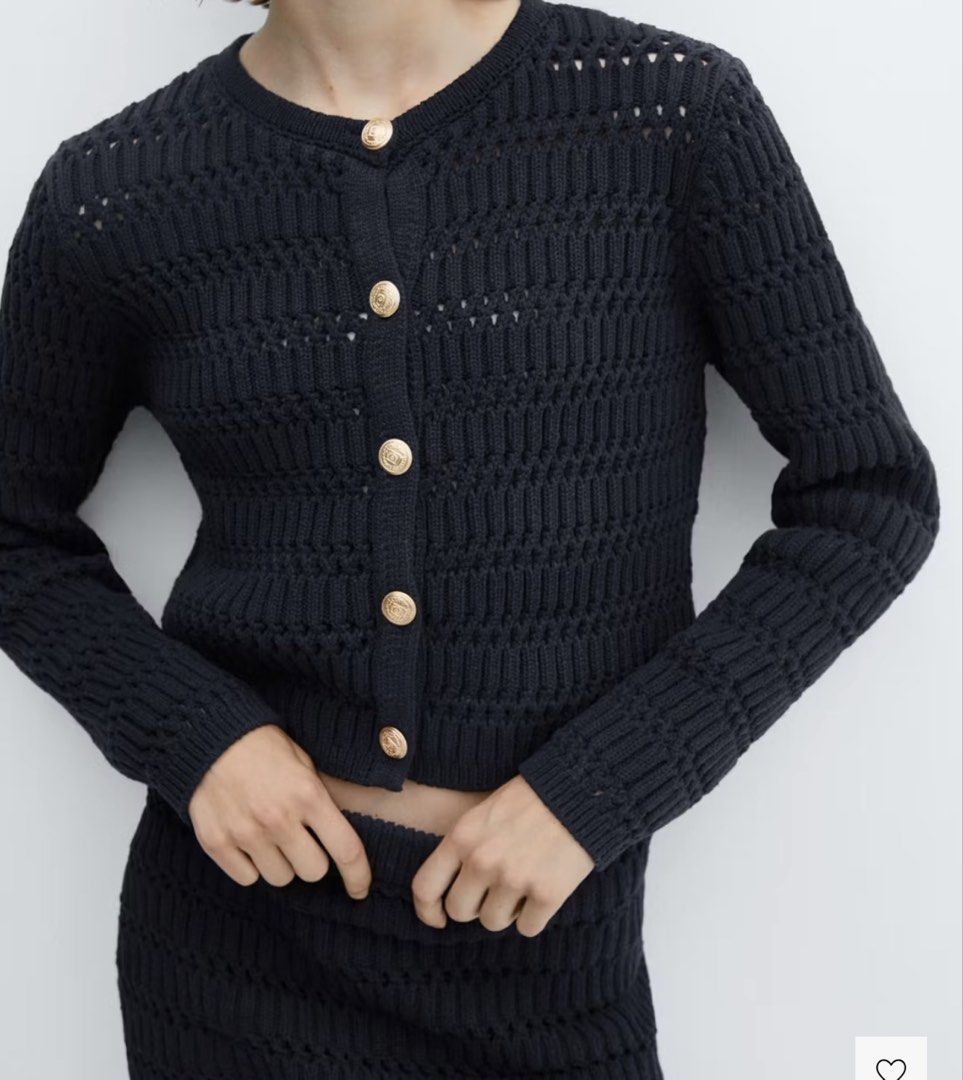 Mango Cropped Knit Cardigan with Gold Buttons (Category: Coats, Jackets and Outerwear) located in Muntinlupa City. Submitted by decluttering22.22 (Listing ID 1449111113, Image 1). Description: - Brand: Mango - Color: Navy - Material: Textured knit - Features: Gold button closures - Length: Cropped - Styling: Pairs well with jeans or skirts - Feel: Comfortable and stylish.