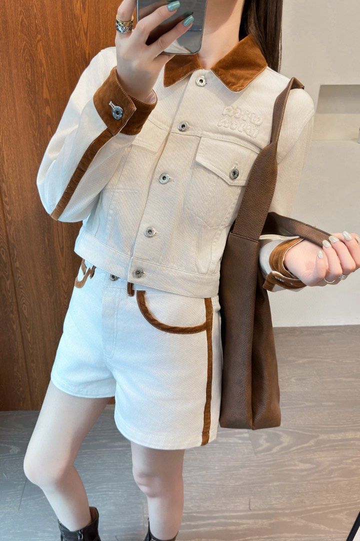 MIU MIU Coords Denim Jacket and Short Set (Category: Sets or Coordinates) located in Manila. Submitted by shoppingcentermanila (Listing ID 1449221105, Image 3). Description: Bought it when I was in China but the size is small to me. Jacket fits size XS-S Shorts would fit 26-27.