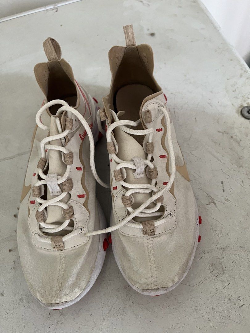 Nike React Element 55 womens size 6.5 (Category: Sneakers) located in Manila. Submitted by mjaquila30 (Listing ID 1449174306, Image 3). Description: - Nike React Element 55 sneakers - Color: Cream and tan with red accents on sole and stitching - Condition: Lightly used, plenty of life left - Perfect for everyday wear - Reason for selling: Too many shoes.
