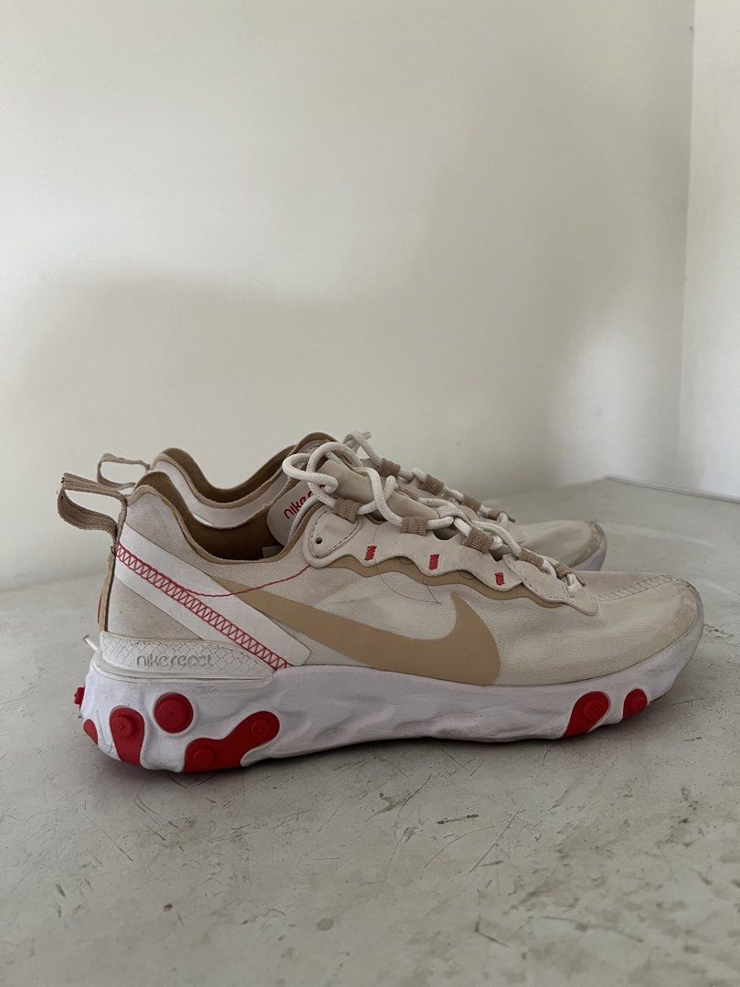 Nike React Element 55 womens size 6.5 (Category: Sneakers) located in Manila. Submitted by mjaquila30 (Listing ID 1449174306, Image 1). Description: - Nike React Element 55 sneakers - Color: Cream and tan with red accents on sole and stitching - Condition: Lightly used, plenty of life left - Perfect for everyday wear - Reason for selling: Too many shoes.